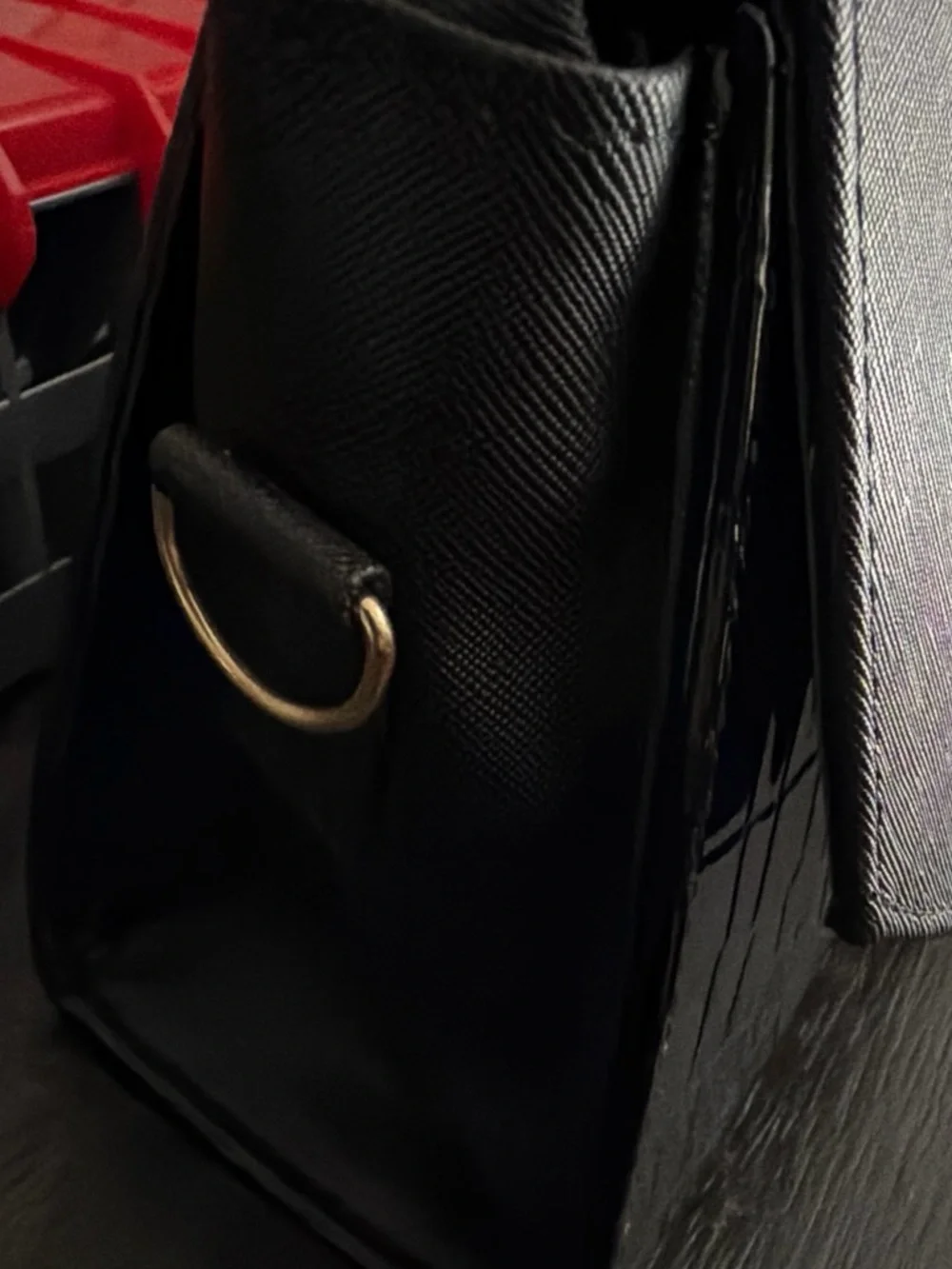 Collection B Black Satchel with Red Trim and Gold Hardware